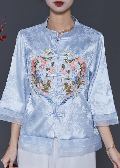 Blue Embroidered Patchwork Oriental Silk Blouses Spring