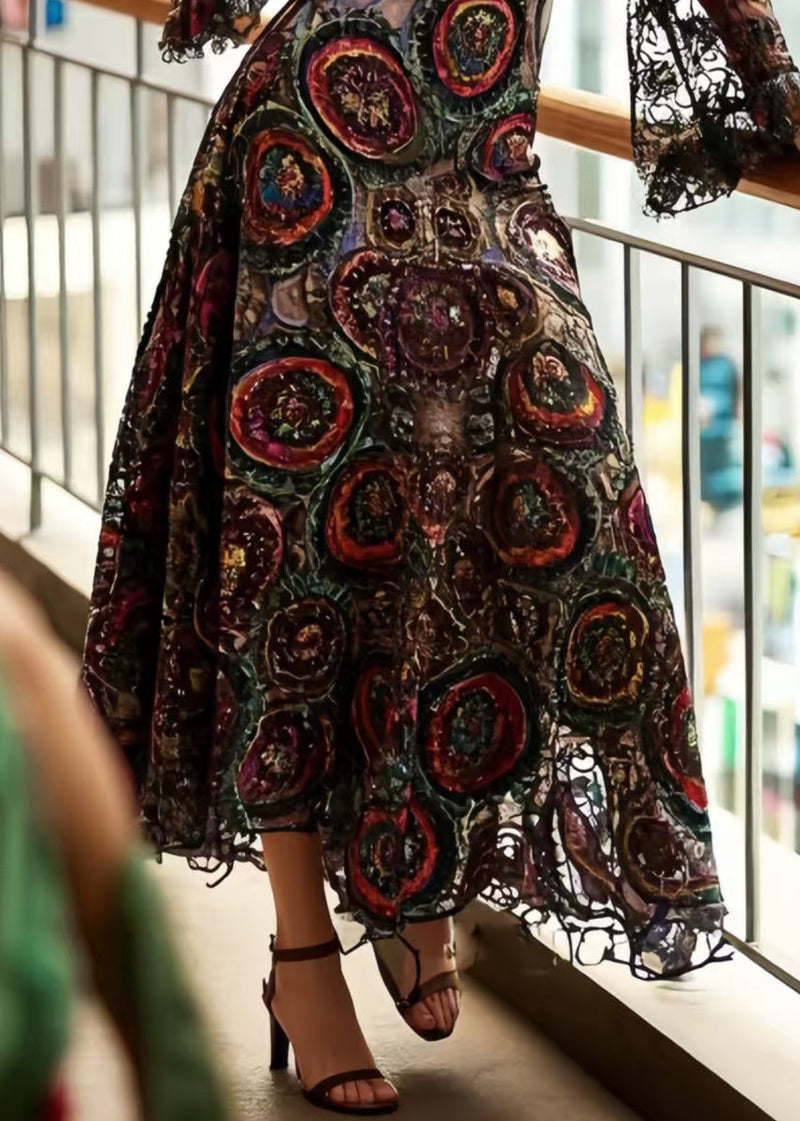 Black Print Hollow Out Lace Dinner Dresses Summer