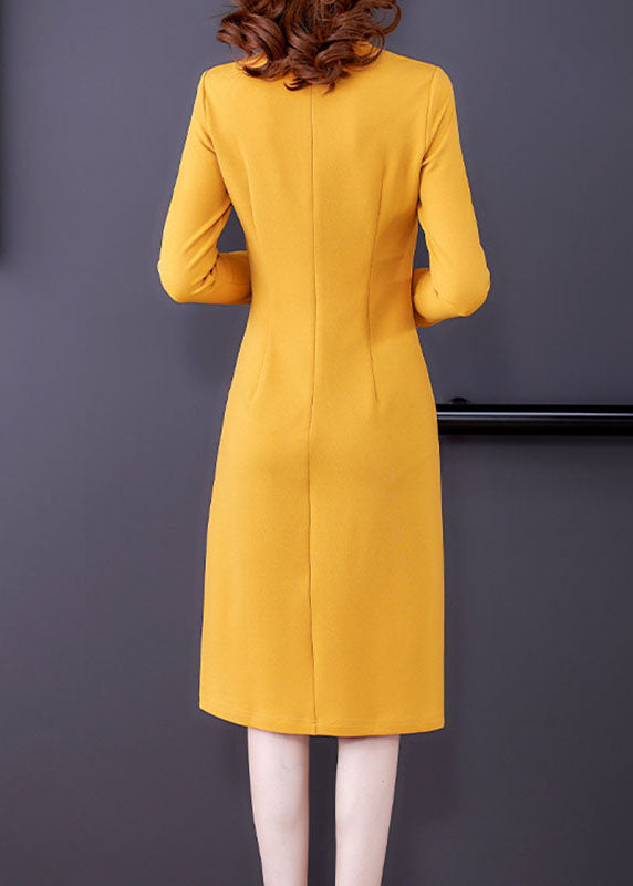 Yellow O-neck Embroideried Button Maxi Dress Fall