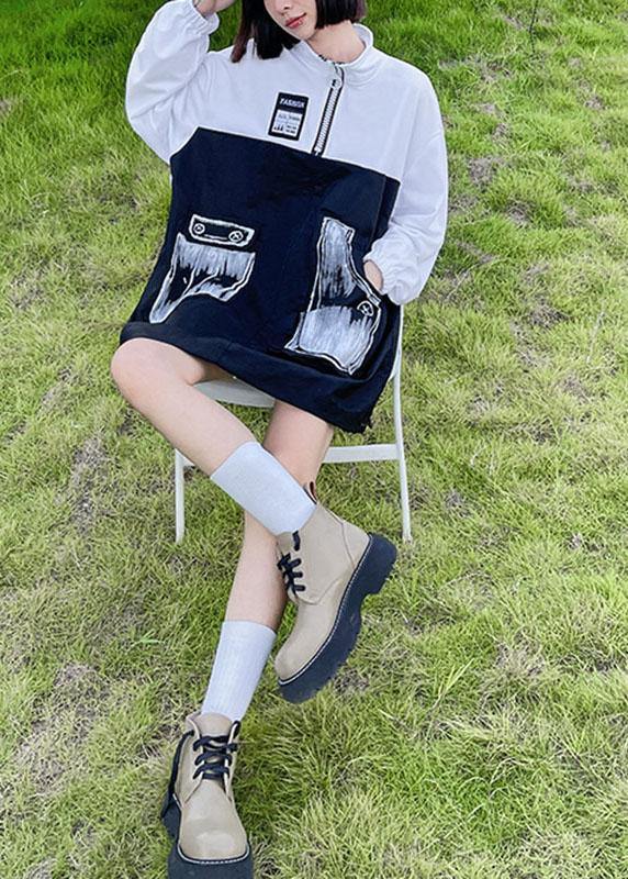 Pockets Print Patchwork Zippered Fall Sweatshirts Top