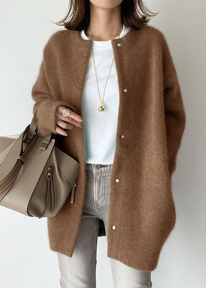Loose Coffee O Neck Button Woolen Coat Spring