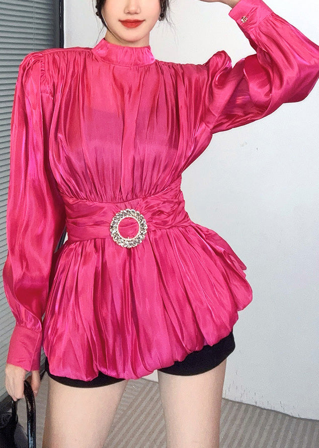 Rose Stand Collar Wrinkled Silk Top Lantern Sleeve
