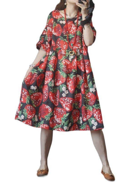 Black Print Strawberry High Waist Long Dresses Summer Linen