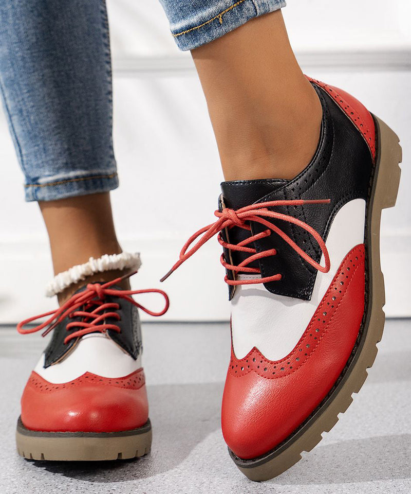 Red Lace Up Splicing Faux Leather Hollow Out Flats Shoes