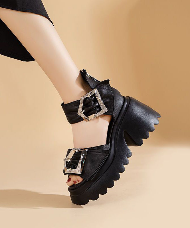 Black Zippered Sandals Buckle Strap Chunky Sandals