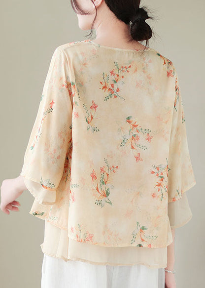 Apricot V Neck Print Patchwork Chiffon Shirt Top Summer
