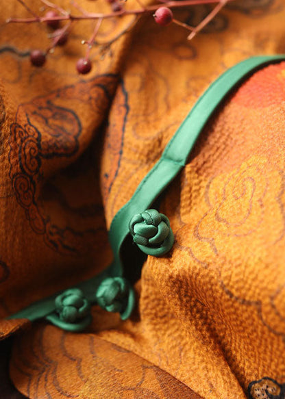 Chinese Style Ginger Stand Collar Button Print Silk Tops Spring