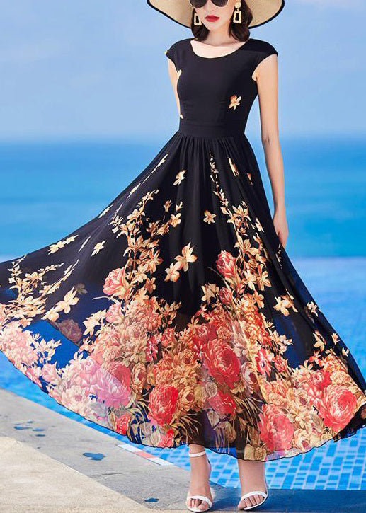 Slim Fit Black O-neck Print Chiffon Long Dresses Summer