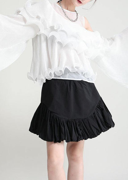 Green Asymmetrical Design Ruffled Cold Shoulder Chiffon Top Long Sleeve