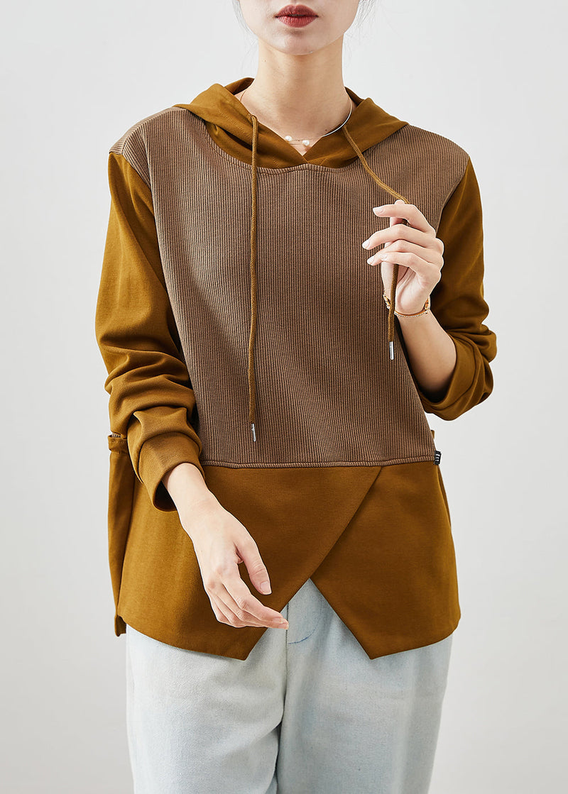 Brown Asymmetrical Patchwork Cotton Sweatshirts Top Fall
