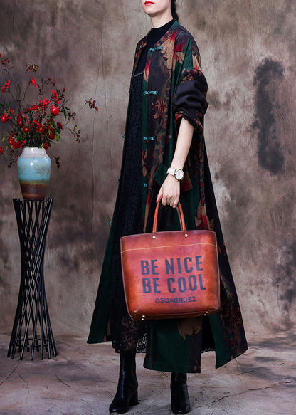 Green Print Patchwork Side Open Oriental Button Cotton Trench Coat Long Sleeve