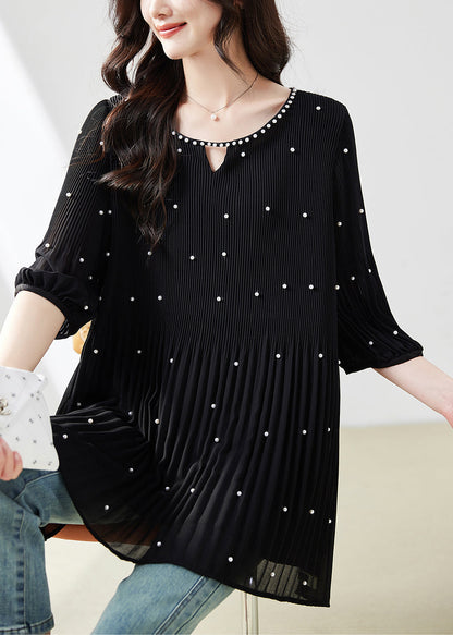 Loose Black O-neck Nail Bead Chiffon T Shirt Summer