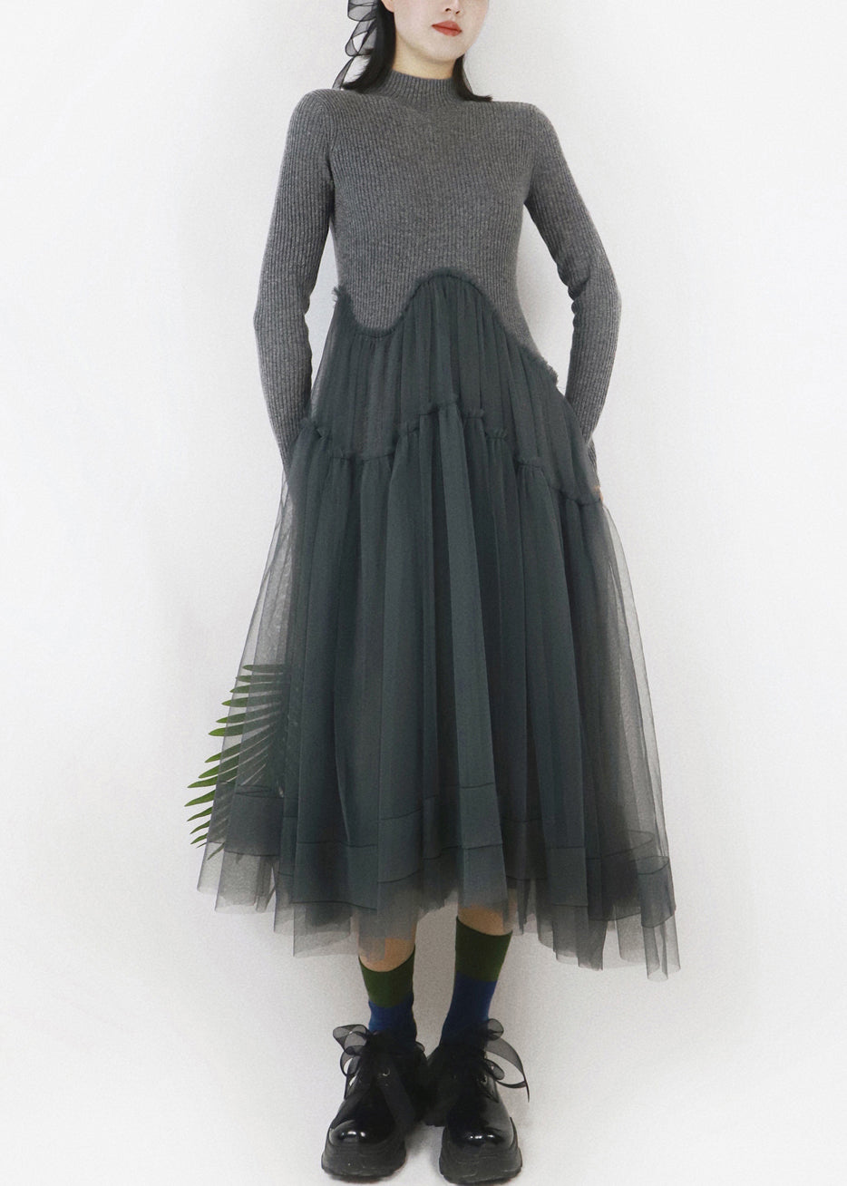 Art Dark Gray Asymmetrical Tulle Patchwork Sweater Dress Spring