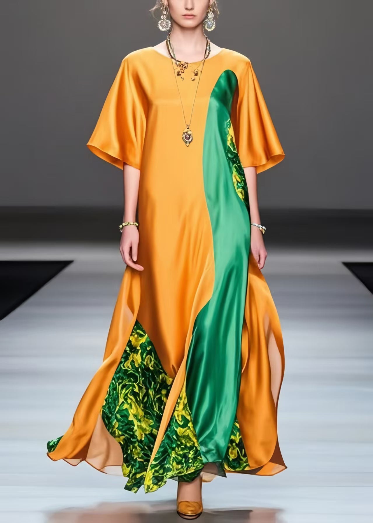 Orange Oversized Patchwork Silk Long Dress Summer