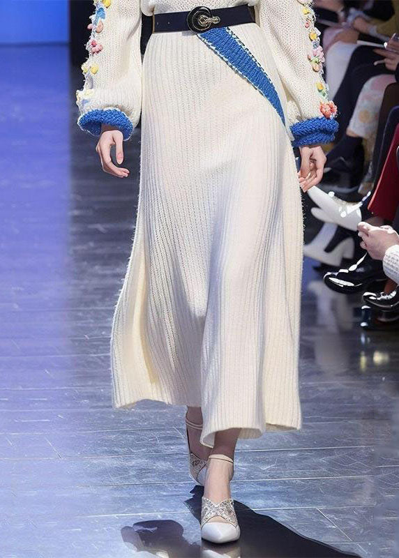Brief White Stand Collar Tie Waist Cotton Knit Sweater Dress Long Sleeve