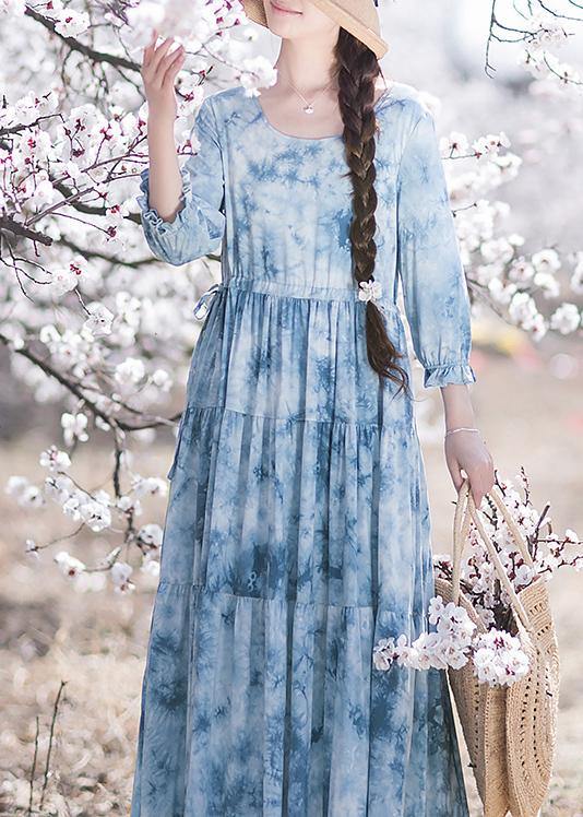 Handmade O-neck Drawstring Summer Soft Long Blue Dress