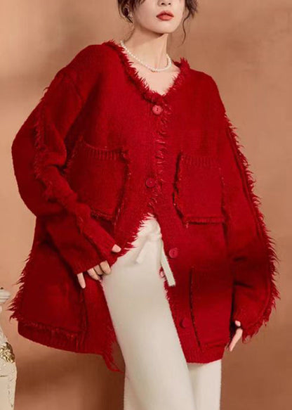 Natural Red Pockets Patchwork Button Cotton Knit Coats Fall
