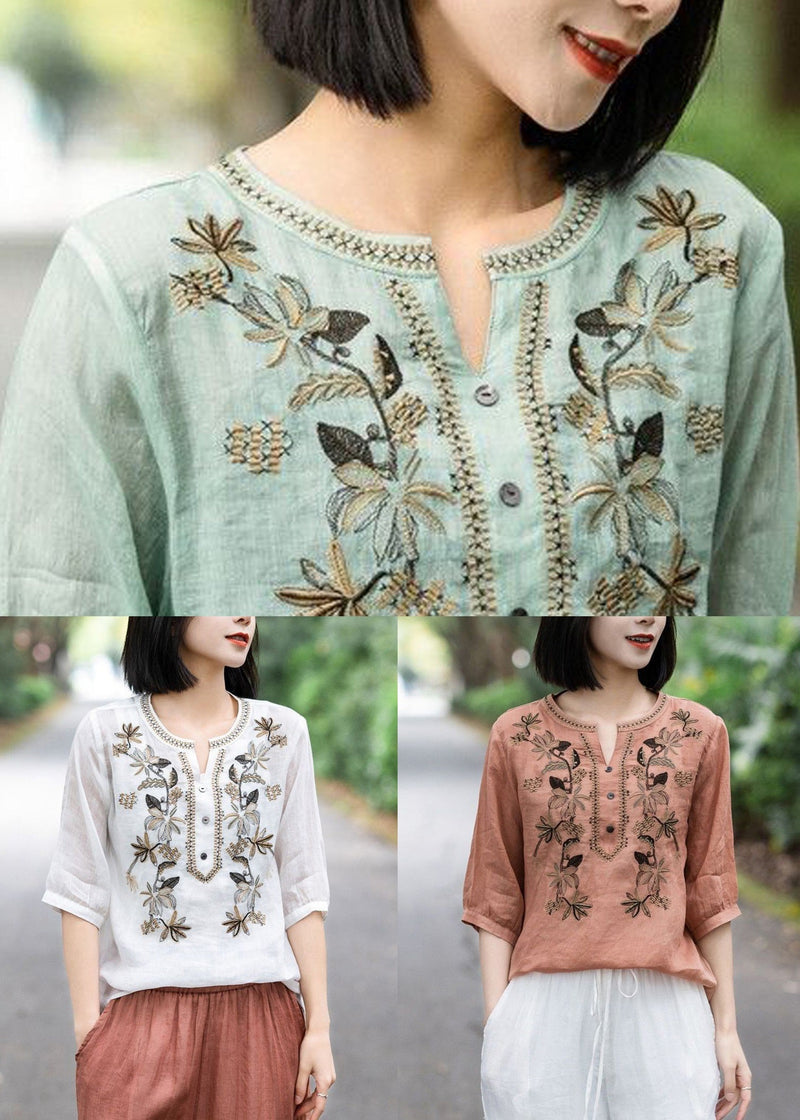 Pink Embroideried Button Cotton T Shirt Summer