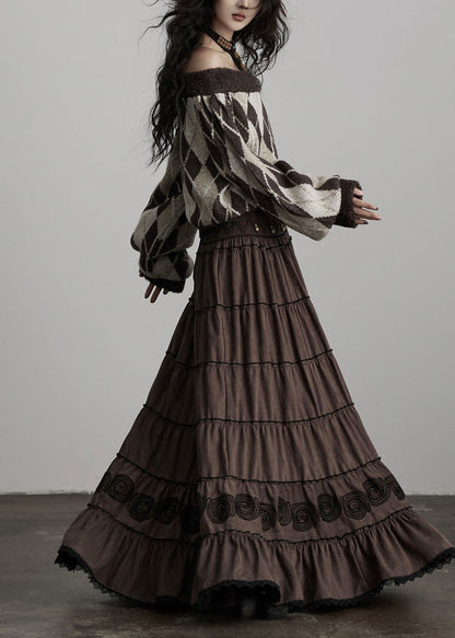 Brown Embroidered Tasseled Cotton Holiday Skirt Spring