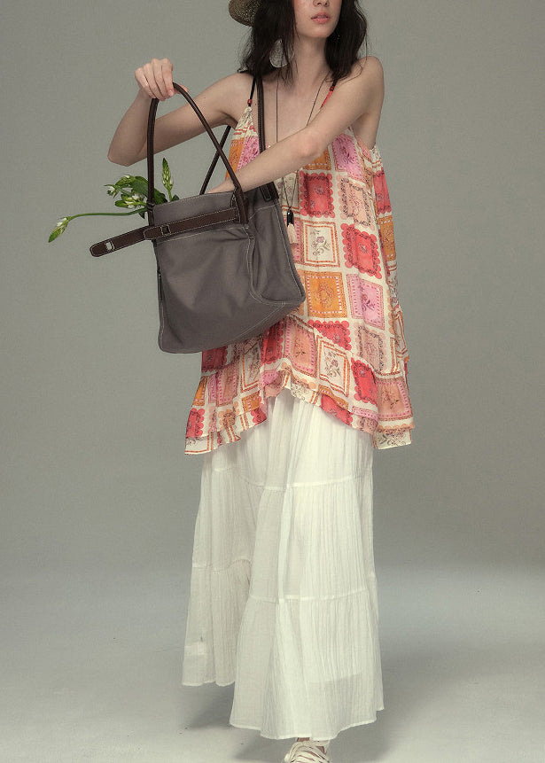 Khaki Oversized Print Cotton Vests Summer