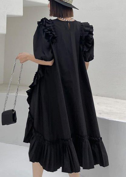 Black Puff Sleeve Asymmetrical Design Ankle Dress Summer