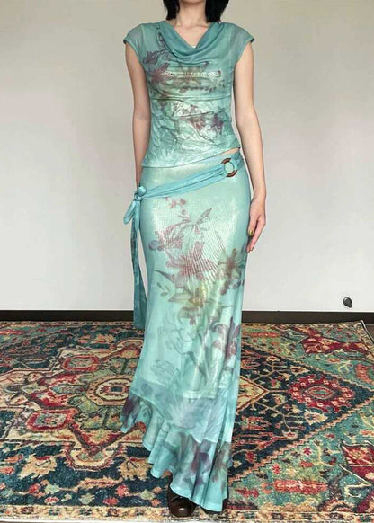 Slim Fit Green Print Tulle Top and Maxi Skirts Two Pieces Set Sleeveless Summer