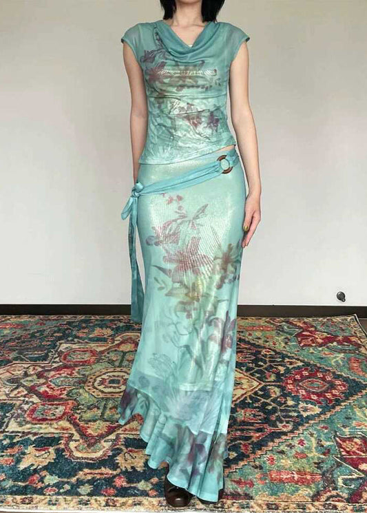 Slim Fit Green Print Tulle Top and Maxi Skirts Two Pieces Set Sleeveless Summer