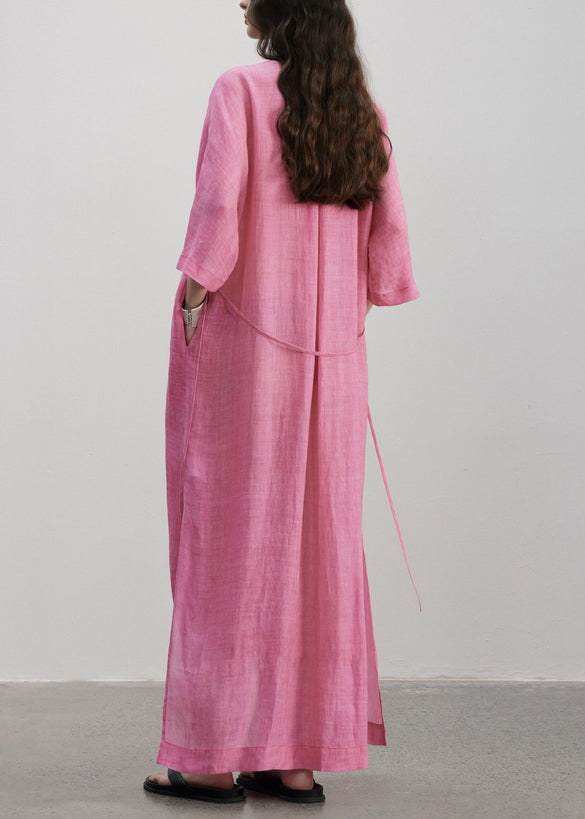 Rose V Neck Button Pockets Linen Dress Summer