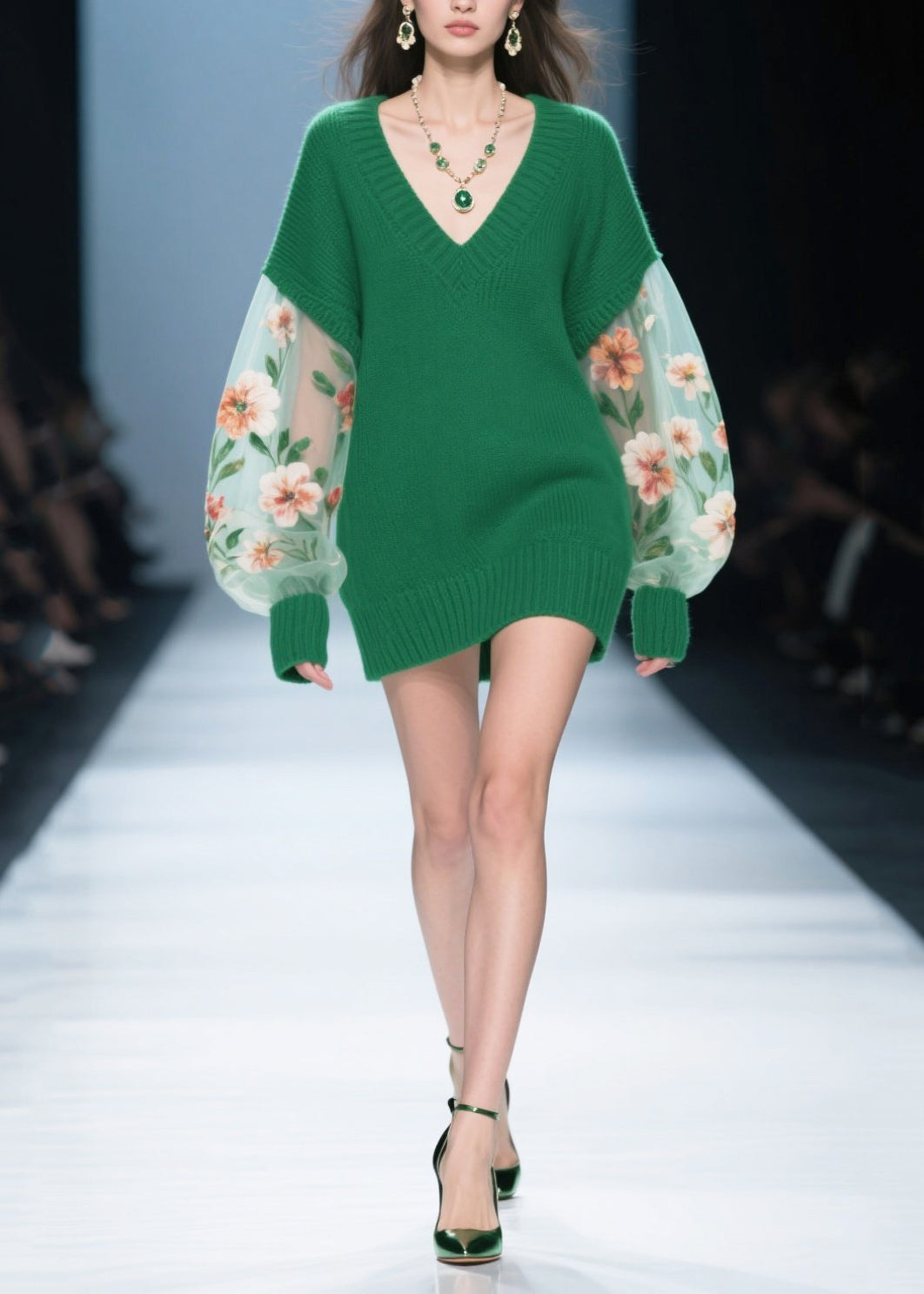 Green Flower Print Patchwork Tulle Knitted Dress Winter