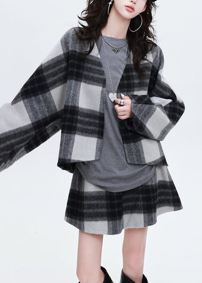 Art Grey Oversized Plaid Woolen Coats and Skirts Two Pieces Set Spring