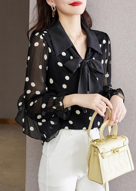 Black Ruffled Dot Print Chiffon Shirts Spring