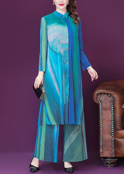 Blue Peter Pan Collar Tie Dye Silk Two Piece Set Long Sleeve