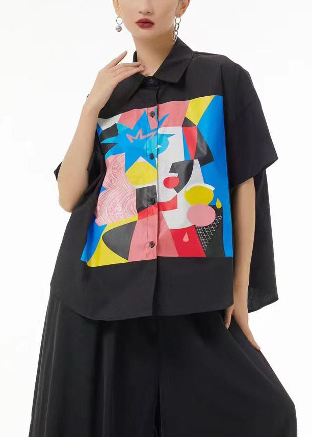 Black Oversized Print Cotton Shirt Summer