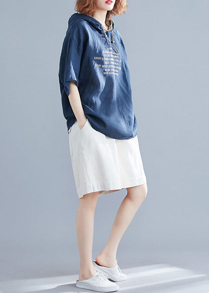 Blue Hooded Alphabet Print Cotton Pullover Summer
