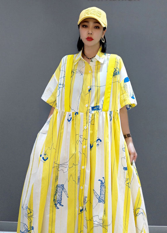 Yellow Cinched Striped Print Shirt Long Dresses Spring