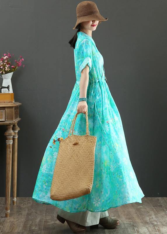 French Blue Print Tunic Pattern V Neck Drawstring Loose Summer Dress
