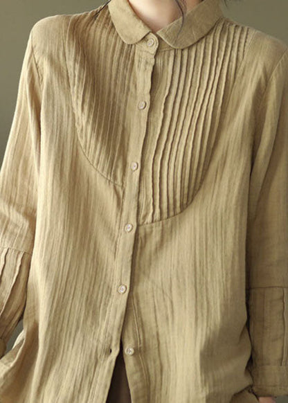 Khaki Peter Pan Collar Wrinkled Cotton Shirt Spring