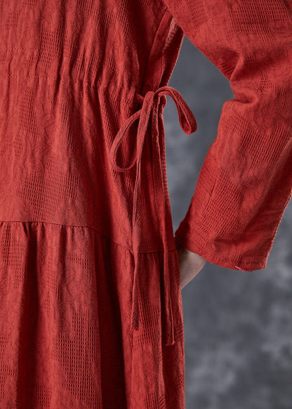 Red Cinched Patchwork Linen Dresses Fall