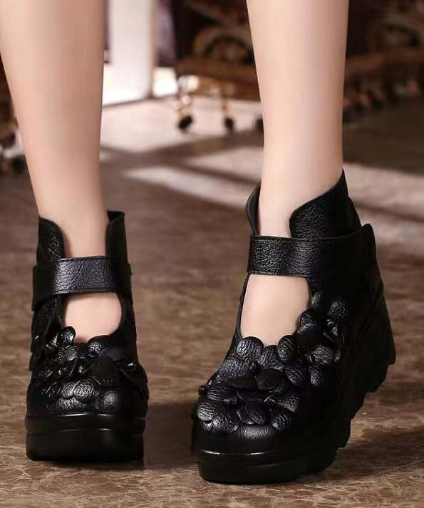 Retro Splicing Platform High Heels Black Cowhide Leather