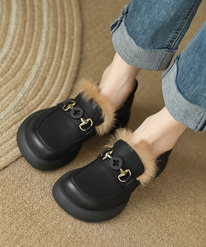 Brown Fuzzy Wool Lined Splicing Platform Loafers for