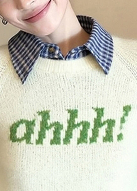 Diy Beige Letter Patchwork Knitted Fake Two Piece Sweater Spring