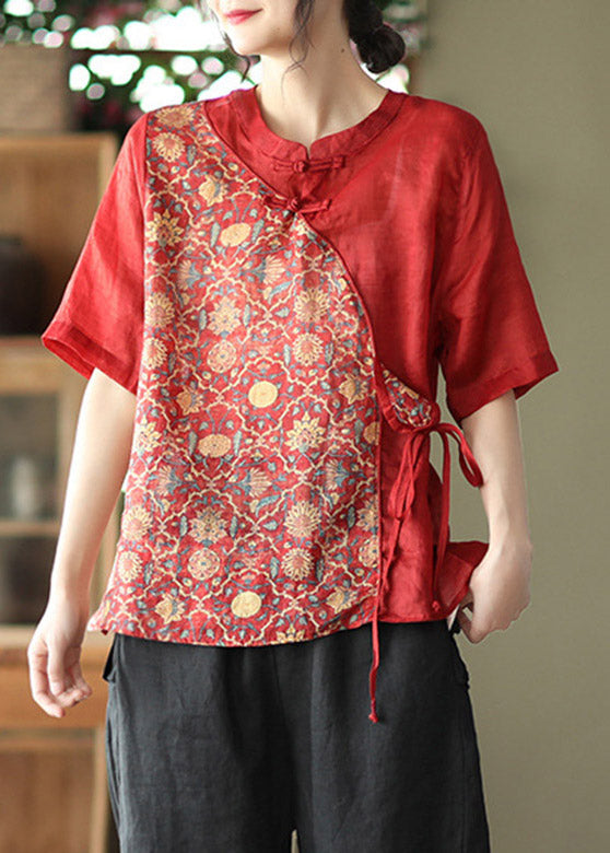 Red Stand Collar Print Tie Waist Linen Shirt Half Sleeve