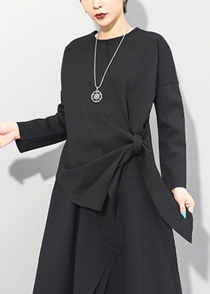 Black O-neck Asymmetrical Tie Waist Bow Top Long Sleeve