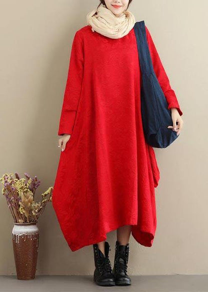 Diy Red Jacquard Tunics O Neck Asymmetric Maxi Spring Dresses