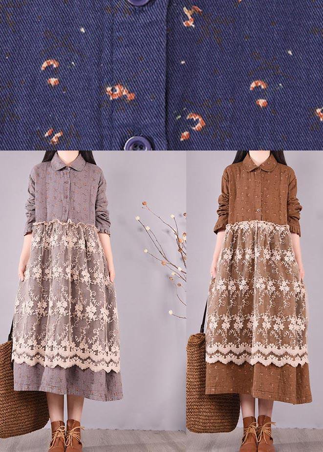 Patchwork Lace Spring Clothes for Catwalk Chocolate Print Long Dresses