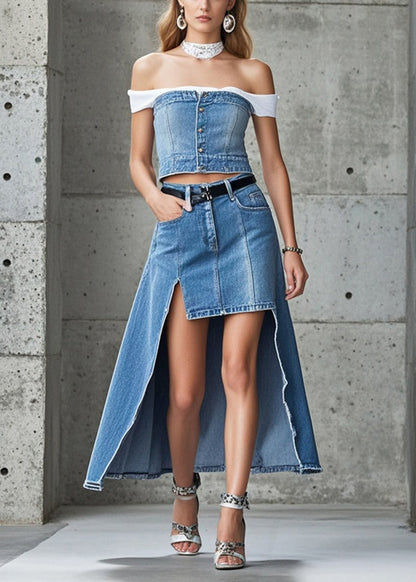 Light Blue Asymmetrical Side Open Denim Skirt Summer