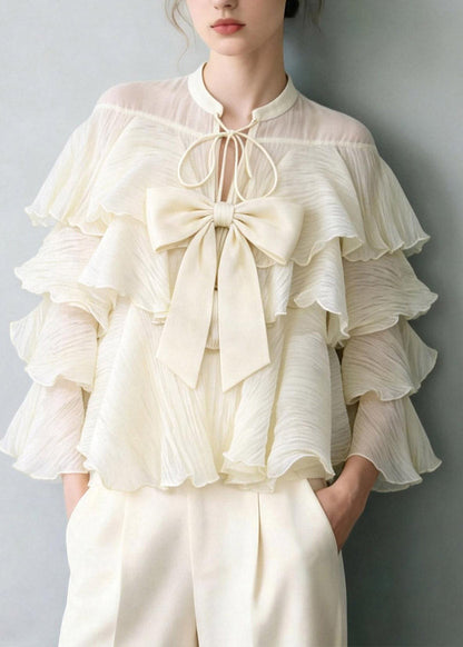 White Tie Lace Bow Ruffled Patchwork Top Spring
