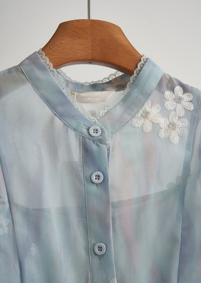 Modern Sky Blue Embroidered Chiffon Two Piece Suit Set Fall