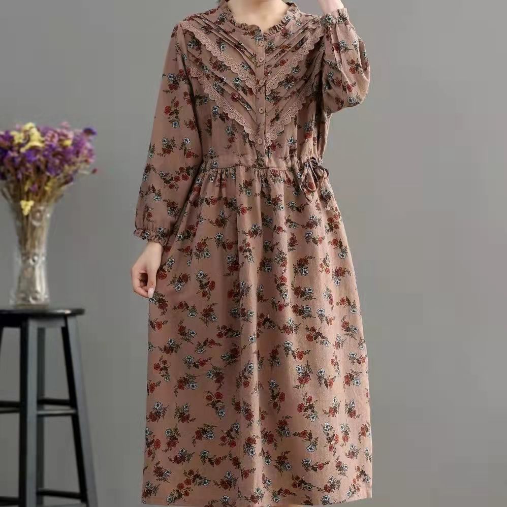 Blue Pockets Print Loose Fall Maxi Dress Long Sleeve