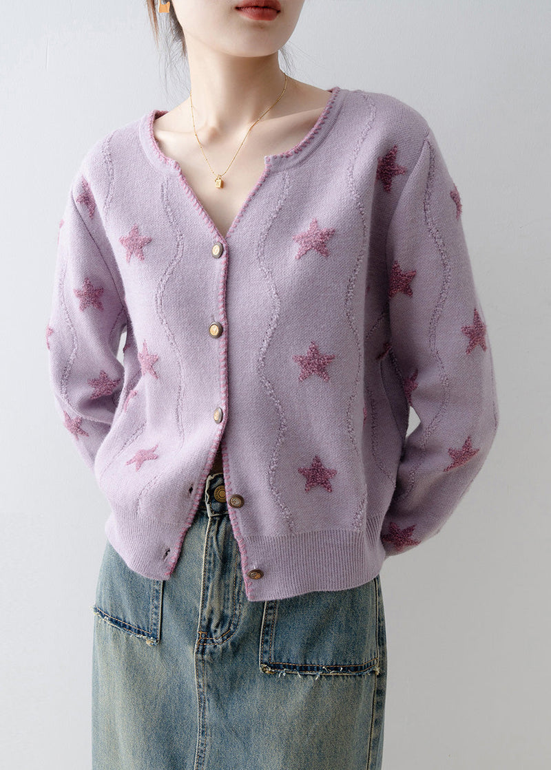 Italian Purple V Neck Button Knit Loose Coat Spring